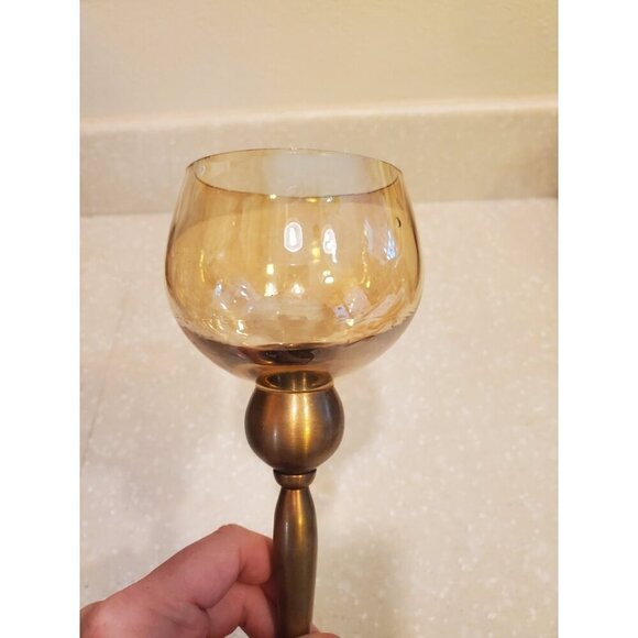 Brass And Colored Glass Candle Holder Goblet Tealight Votive 10 Inches tall‎ VTG - Picture 4 of 9